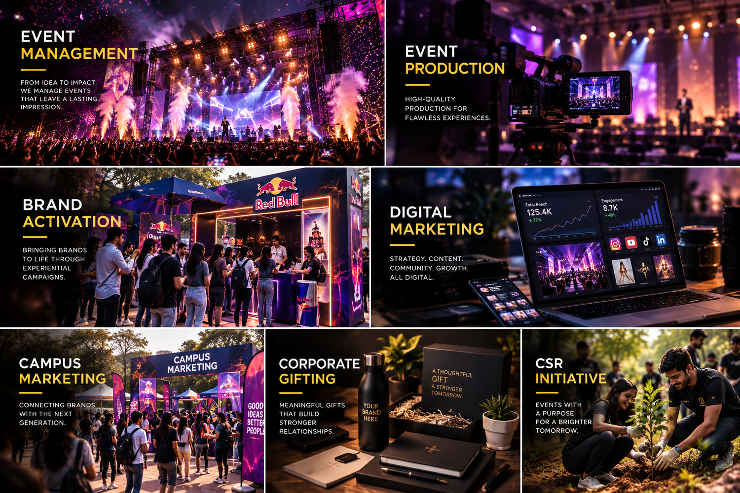 Flashax Seven Services Overview — Event Management, Event Production, Brand Activation, Campus Marketing, Digital Marketing, CSR Initiatives, and Corporate Gifting